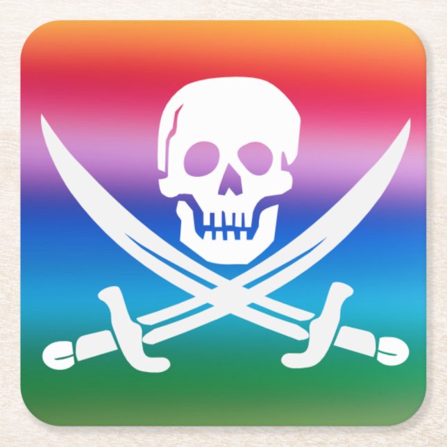 Rainbow Pirate Jolly Roger Square Paper Coaster (Front)