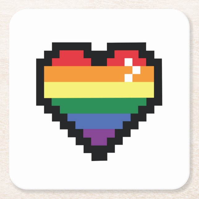 Rainbow Pixel Heart Square Paper Coaster (Front)