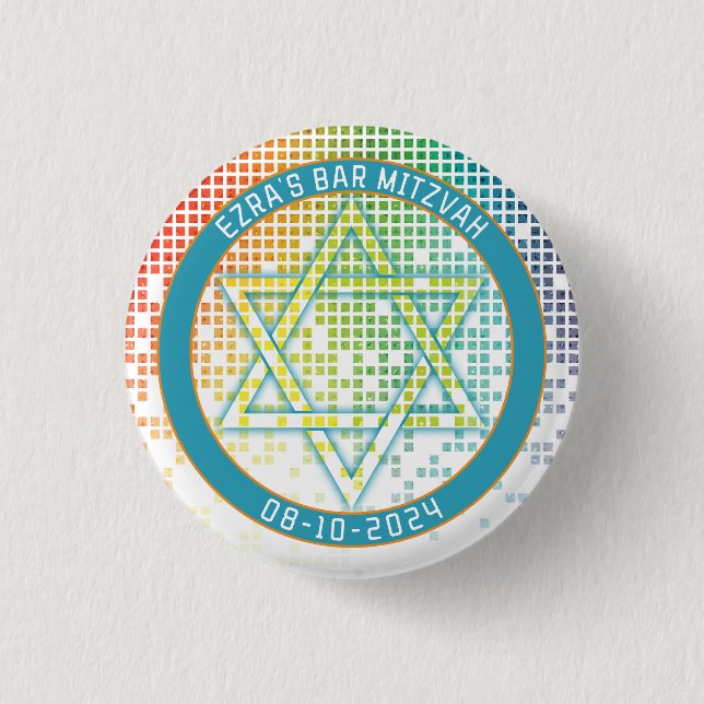 Rainbow Pixel Video Game Gamer Bar Mitzvah Button (Front)