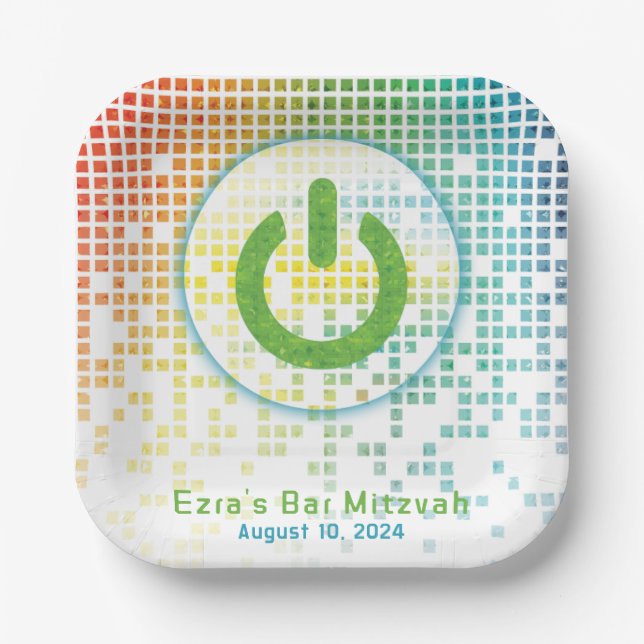 Rainbow Pixel Video Game Gamer Bar Mitzvah Paper Plates (Front)