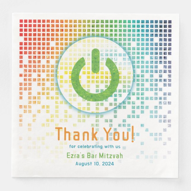 Rainbow Pixels Video Game Gamer Bar Mitzvah Paper Dinner Napkins (Front)