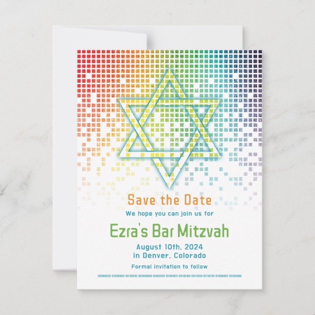 Rainbow Pixels Video Game Gamer Bar Mitzvah  Save The Date (Front)