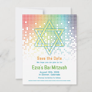 Rainbow Pixels Video Game Gamer Bar Mitzvah  Save The Date
