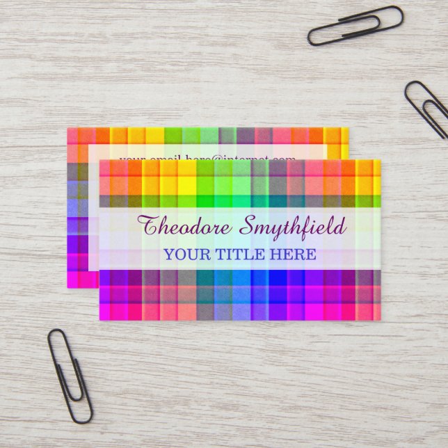 Rainbow Plaid Bright Colorful Checkered Business Card (Front/Back In Situ)