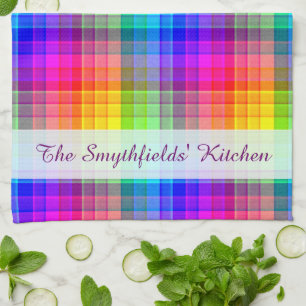 Rainbow Plaid Colorful Add Your Name Kitchen Towel