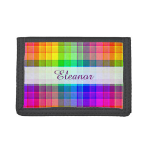 Rainbow Plaid Colorful   Add Your Name Trifold Wallet