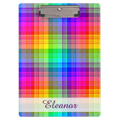 Rainbow Plaid Colorful Pattern  Add Name Clipboard