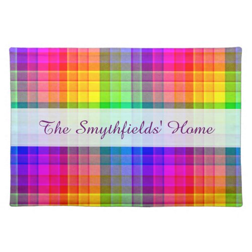 Rainbow Plaid Colorful Pattern  Add Name Cloth Placemat