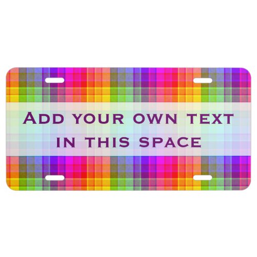 Rainbow Plaid Colorful Pattern  Add Name License Plate