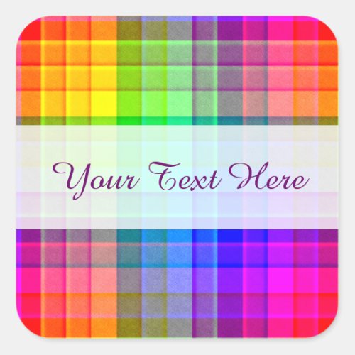 Rainbow Plaid Colorful Pattern  Add Name Square Sticker