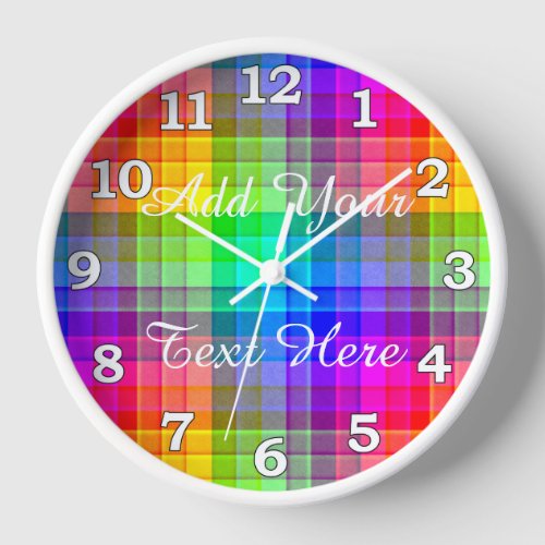 Rainbow Plaid Colorful Pattern  Add Name Wall Clock