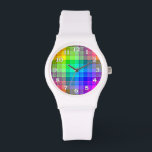 Rainbow Plaid Custom Watch<br><div class="desc">This rainbow plaid pattern is bright and colorful,  with a light texture effect. It's a vivid,  vibrant checkered pattern that looks pretty as is or as a background for your text or photo. The watch numbers are white with a black outline.</div>