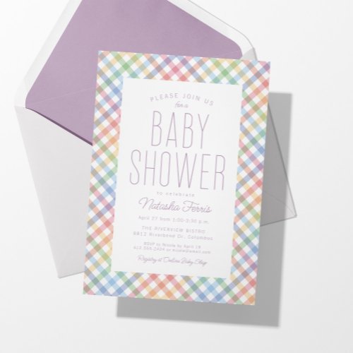 Rainbow plaid cute pastel gingham baby shower invitation