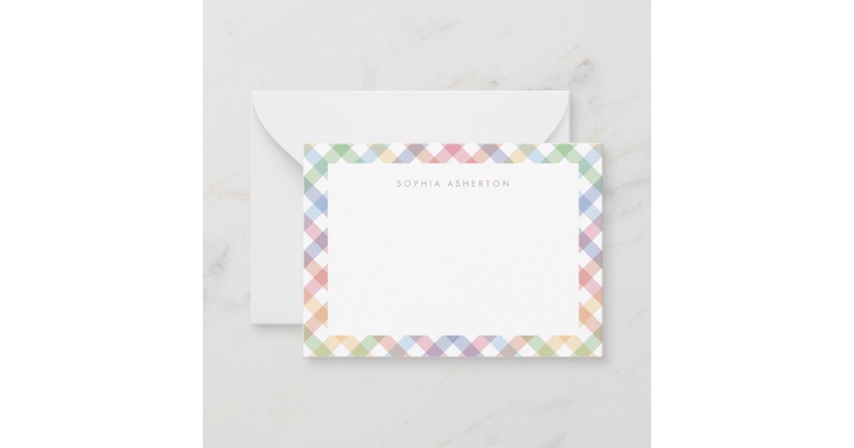 Rainbow plaid cute pastel personalized kid's note card | Zazzle