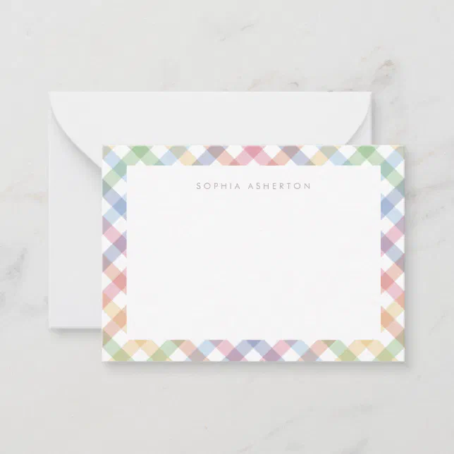 Rainbow plaid cute pastel personalized kid's note card | Zazzle