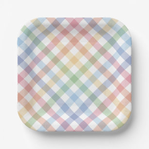 Rainbow plaid cute simple pastel check spring paper plates