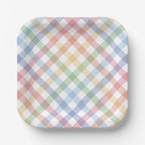 Rainbow plaid cute simple pastel check spring paper plates