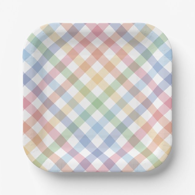 Rainbow plaid cute simple pastel check spring paper plates (Front)
