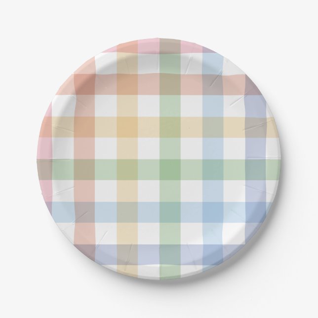 Rainbow plaid cute simple pastel gingham paper plates (Front)