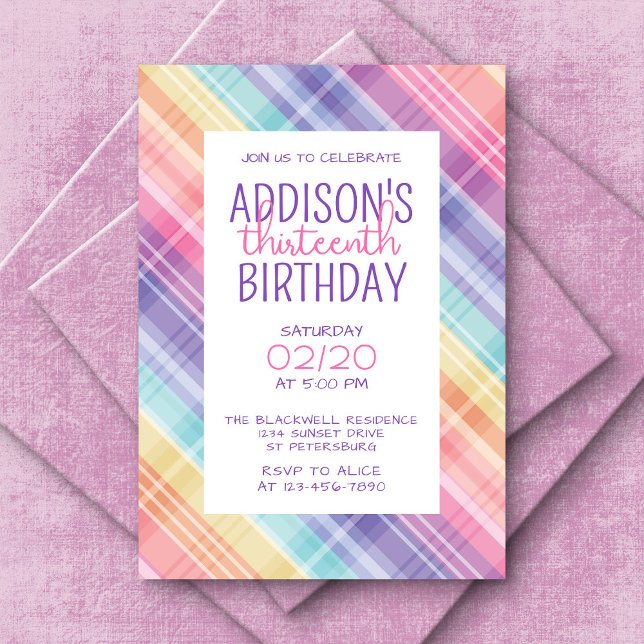 Rainbow Plaid Girls' Birthday Invitation (Creator Uploaded)