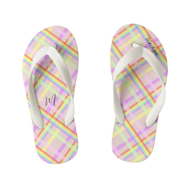 Rainbow Plaid Modern Monogrammed  Kid's Flip Flops (Footbed)