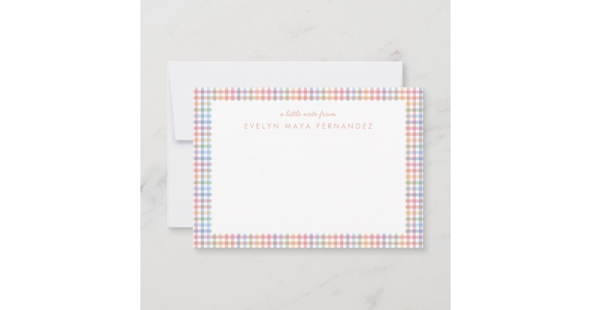 Rainbow plaid pastel gingham personalized kid's note card | Zazzle