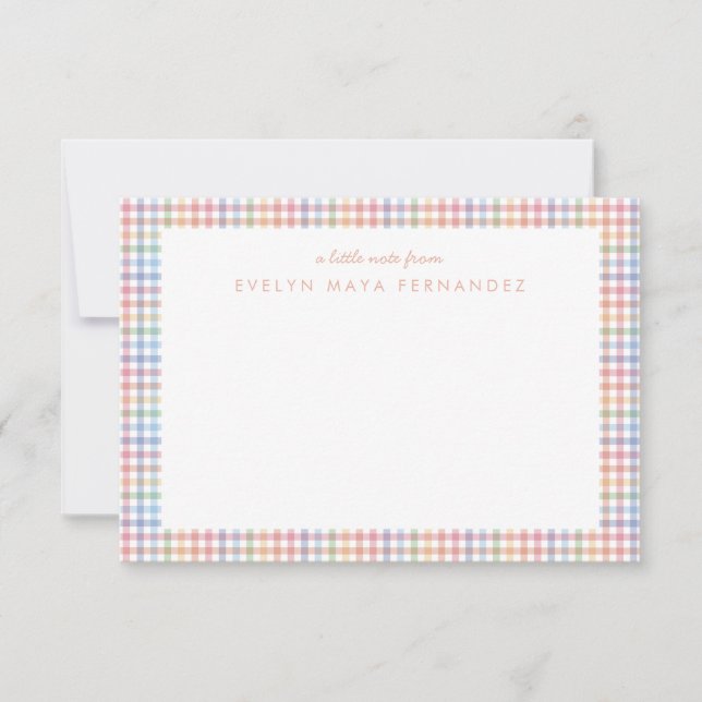 Rainbow plaid pastel gingham personalized kid's note card (Front)