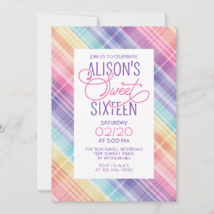Rainbow Plaid Sweet 16 Birthday Invitation