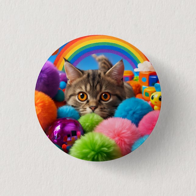 Rainbow Playtime Kitten Adorable Tabby Cat Button (Front)