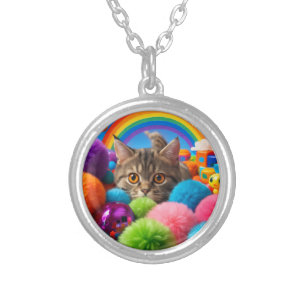 Rainbow Playtime Kitten Adorable Tabby Cat Silver Plated Necklace