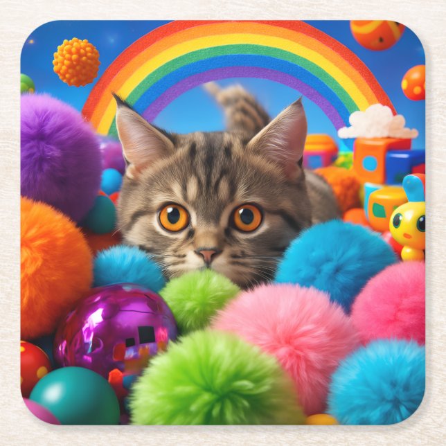 Rainbow Playtime Kitten Adorable Tabby Cat Square Paper Coaster (Front)