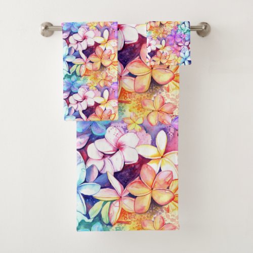 Rainbow Plumeria Hawaii Watercolor Bath Towel Set