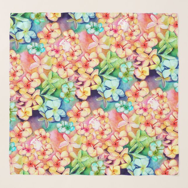 Rainbow Plumeria Hawaiian Watercolor Sarong Scarf (Front)