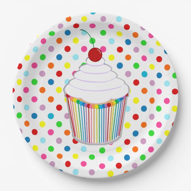 Rainbow Polka Dot Cupcake Paper Plates (Front)