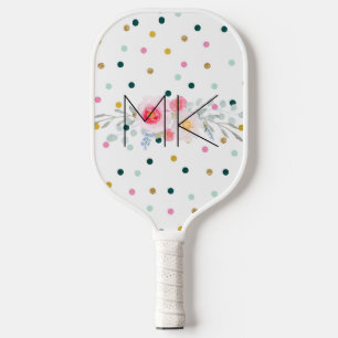 Rainbow Polka Dot Faux Gold Peony Monogram Carbon Fiber Pickleball Paddle
