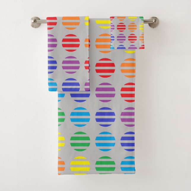 Rainbow Polka Dots and Stripes Silver Bath Towel Set (Insitu)