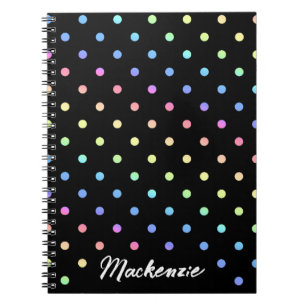 Rainbow Polka Dots Custom Name on Black Notebook