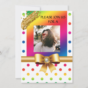 Rainbow Polka Dots & Gold Nuggets Birthday Party Invitation