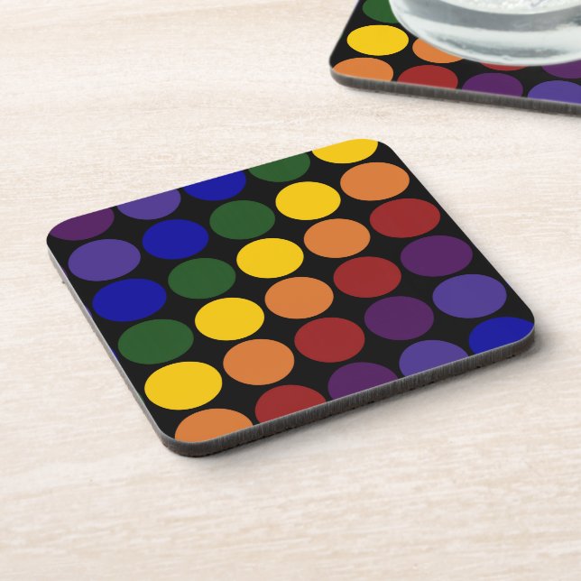 Rainbow Polka Dots on Black Beverage Coaster (Left Side)
