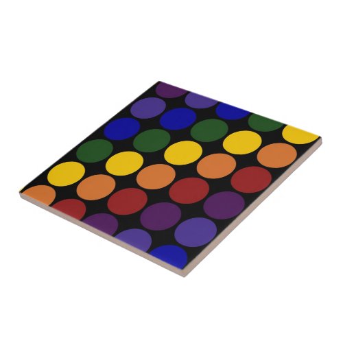 Rainbow Polka Dots on Black Ceramic Tile