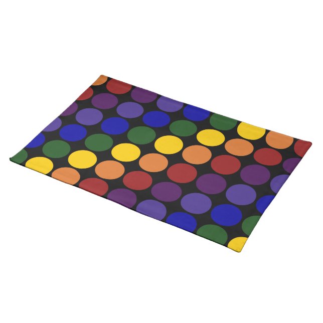 Rainbow Polka Dots on Black Cloth Placemat (On Table)
