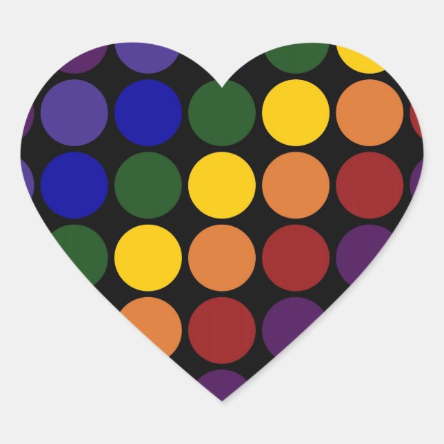Rainbow Polka Dots on Black Heart Sticker (Front)