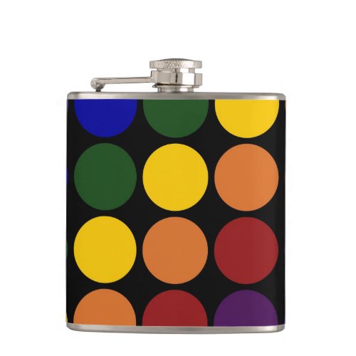 Rainbow Polka Dots on Black Hip Flask