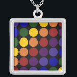 Rainbow Polka Dots on Black Silver Plated Necklace<br><div class="desc">Rows of rainbow colored polka dots cover a black background. The offset rows form diagonals of each color: violet,  indigo,  blue,  green,  yellow,  orange,  and red.  

 

 Digitally created image. 
 Copyright © 2011 Claire E. Skinner. All rights reserved.</div>