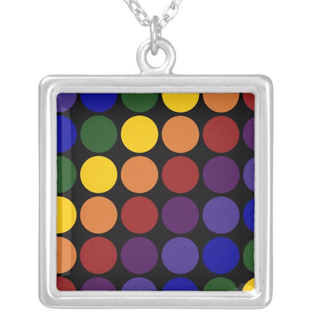 Rainbow Polka Dots on Black Silver Plated Necklace (Front)