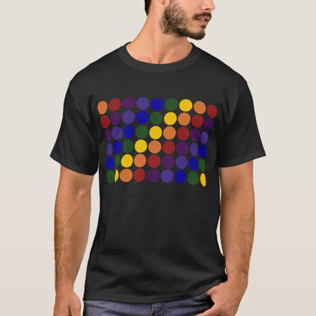 Rainbow Polka Dots on Black T-Shirt (Front)