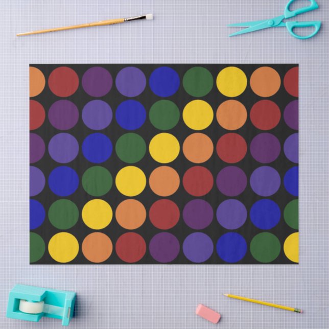 Rainbow Polka Dots on Black Tissue Paper (Craft)