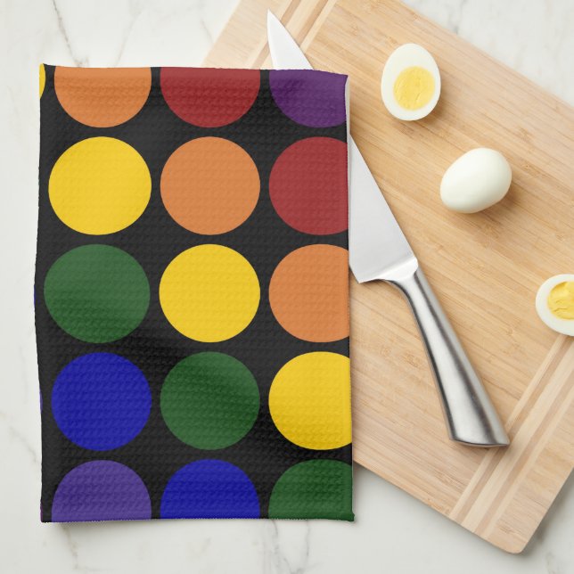 Rainbow Polka Dots on Black Towel (Quarter Fold)