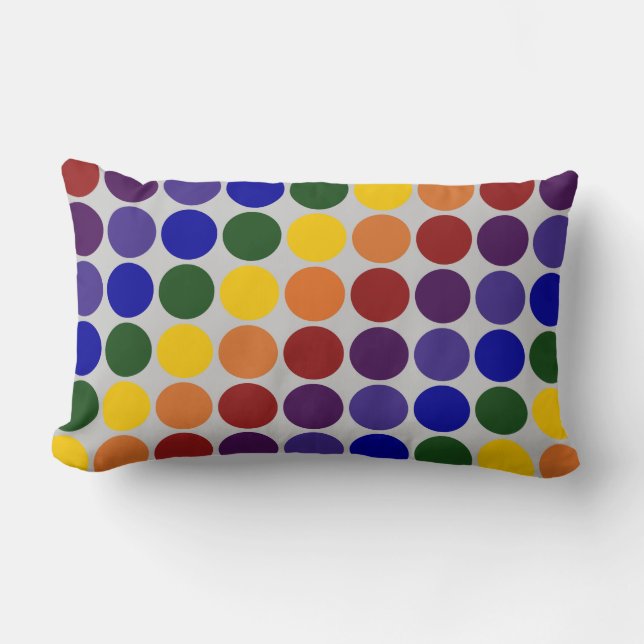 Rainbow Polka Dots on Grey Lumbar Pillow (Front)
