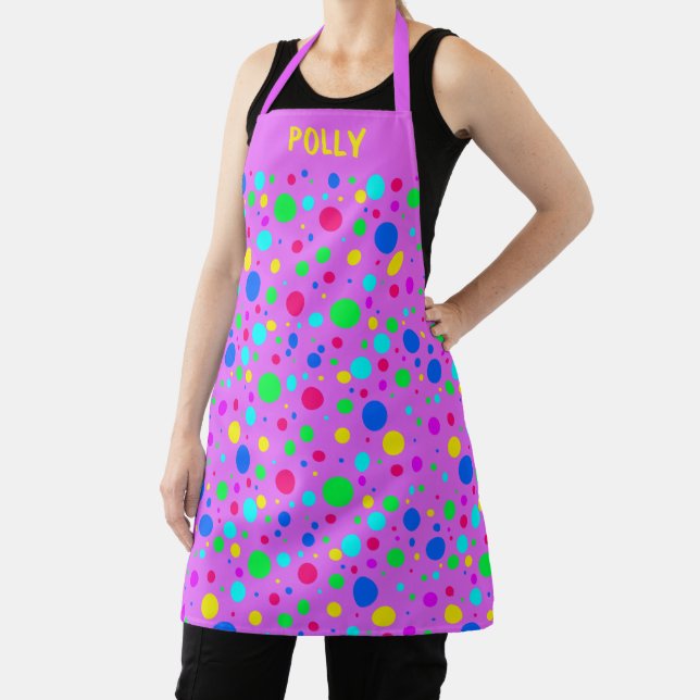 Rainbow Polka Dots on Pink Custom Apron (Insitu)